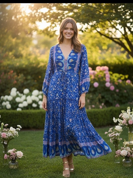 adventure dress Dresses & Skirts - Bohemian Blue Floral Long Sleeve Dress